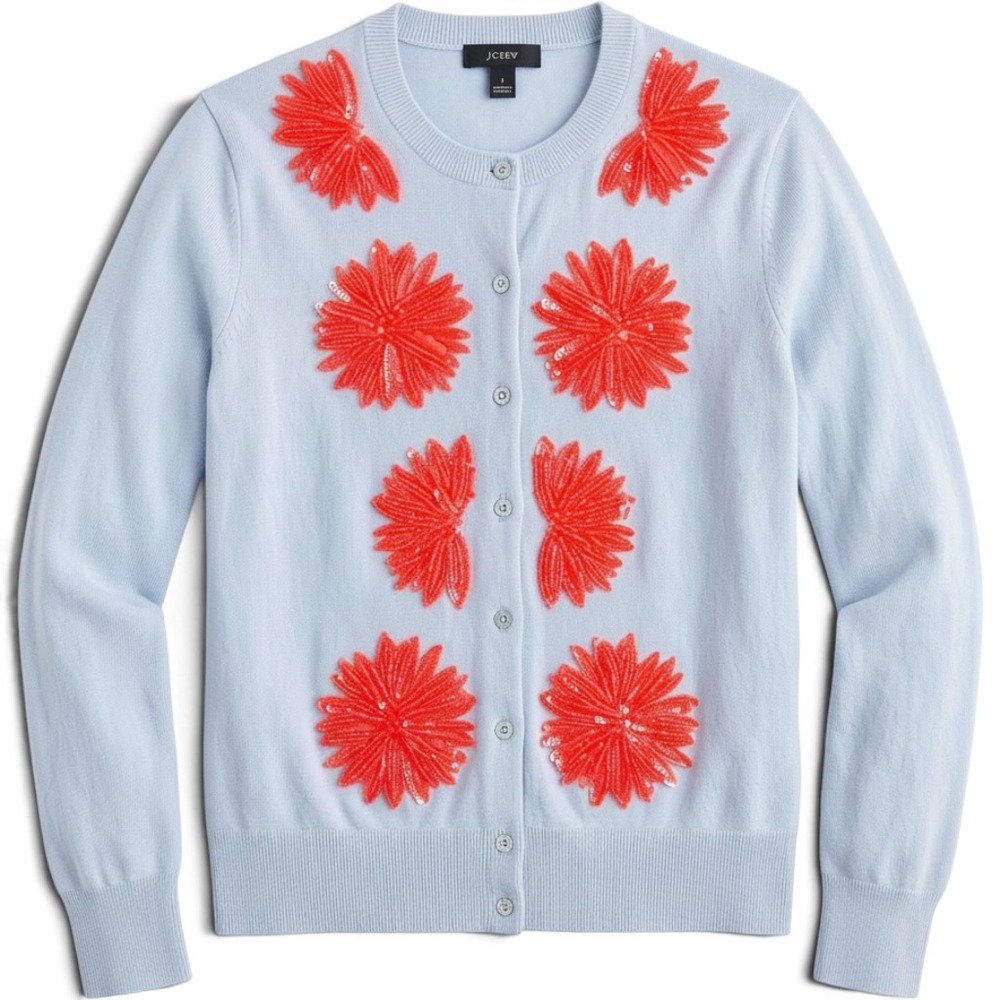 J.Crew Jackie Sequin Starburst Floral Cardigan Blue Coral Size L